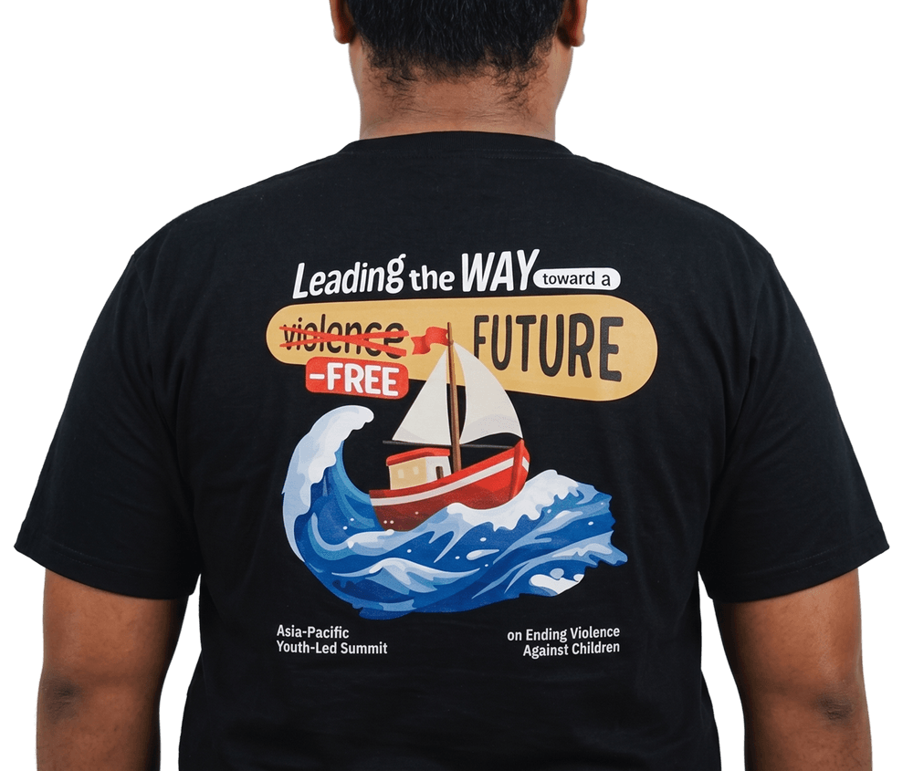 Back of a shirt reading Leading the WAY toward a violence-free FUTURE